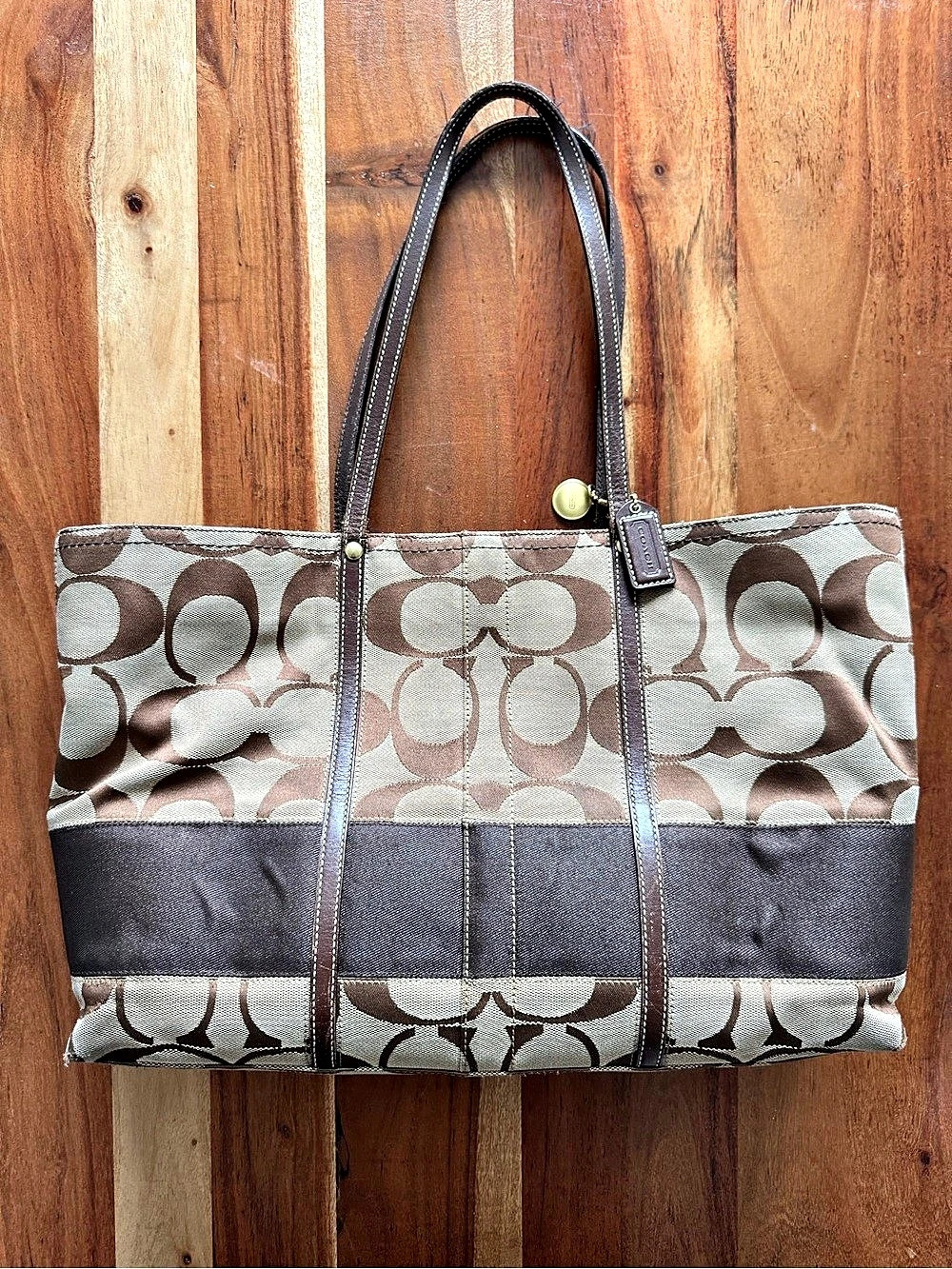 Coach Signature Stripe Tote in Brown & White